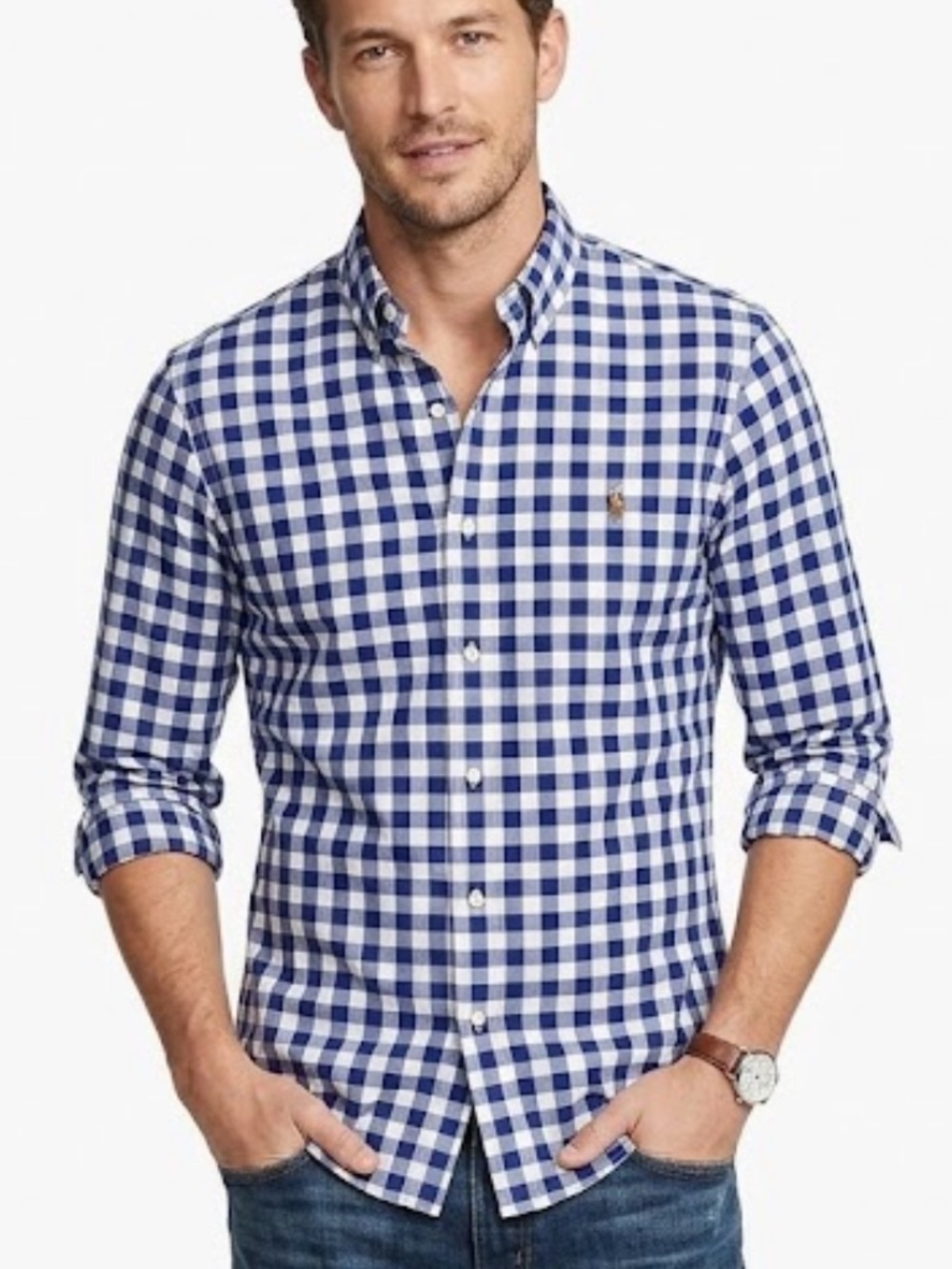 Ralph Lauren Slim Fit Stretch Oxford Gingham Blue Check Button Down Shirt